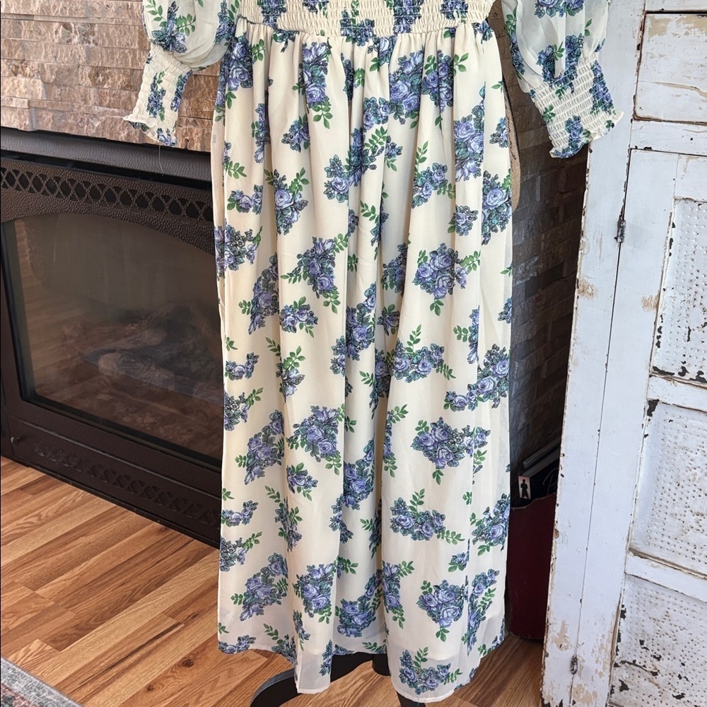 NWT ASOS midi smock dress w shirred cuffs creamy white floral print-multi - Picture 8 of 16